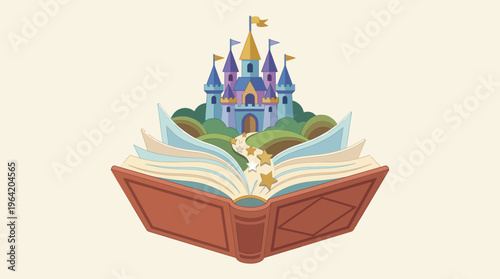 A captivating illustration of a castle rising from an open book, symbolizing the magical world of storytelling and the adventures found within the pages of a book.