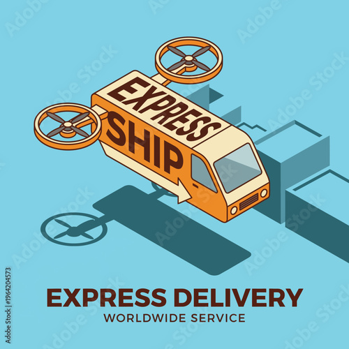 A modern illustration featuring a delivery van equipped with drones for an express delivery service, showcasing innovation in logistics and technology in an engaging way.