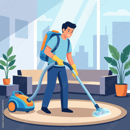 A cheerful man with a backpack vacuum cleaner is cleaning a contemporary living room, surrounded by plants and modern furniture, showcasing home cleanliness.