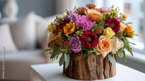 Bouquet of colorful fresh flowers arranged in a rustic wooden vase placed on a white chair. Defocused interior background. Flower vase, wooden vase, floral decor, interior