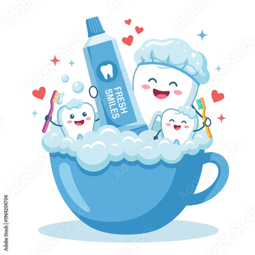Adorable cartoon teeth in a bubbly cup showcase the importance of dental hygiene, making brushing fun and encouraging good habits for children's health.