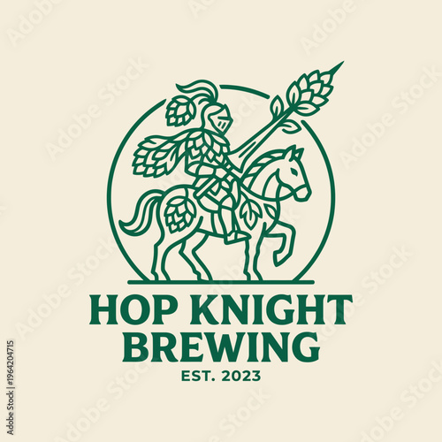 This logo design features a knight on horseback, representing a brewing company branding that blends tradition with modern craft beer culture and creativity.