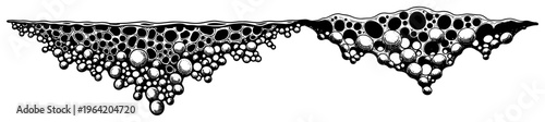 Bubbles and foam forming underwater under a horizontal surface in vintage engraving style