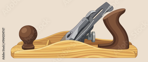 An artistic representation of a classic wooden hand plane, showcasing its intricate design and craftsmanship, symbolizing woodworking and creativity in artisanal skills.