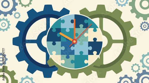 This abstract image blends clock elements with gears, symbolizing time management, productivity, and the intricate mechanisms of life in a visually dynamic and innovative design.