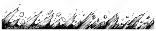 Jagged waves or rock shards exploding upwards with flying debris in detailed hatching style