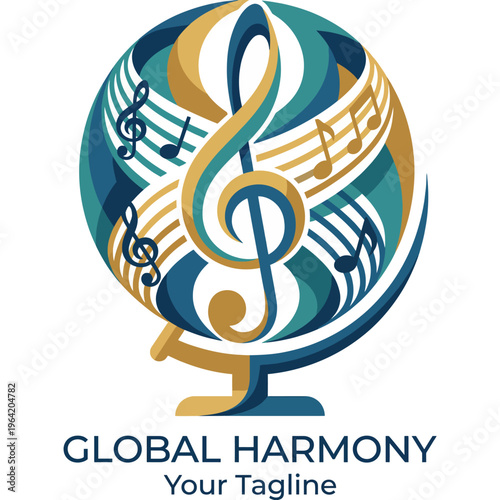 A beautifully designed logo symbolizing global harmony through music, integrating a treble clef and vibrant notes on an earth-like sphere, fostering cultural connection and unity.