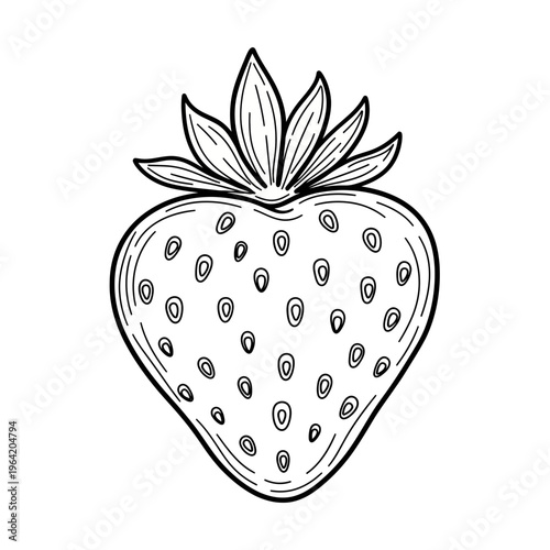 A black and white line drawing of a strawberry