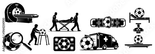 Soccer ball injury and sports medicine icons showing medical treatment and hospital emergency situations