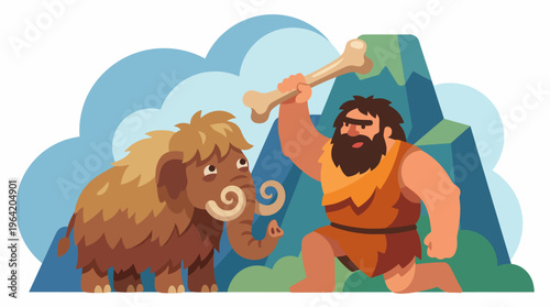 A playful illustration of a caveman raising a bone while confronting a woolly mammoth, encapsulating the primal struggle in a fun, cartoonish style that portrays prehistoric life and adventure.