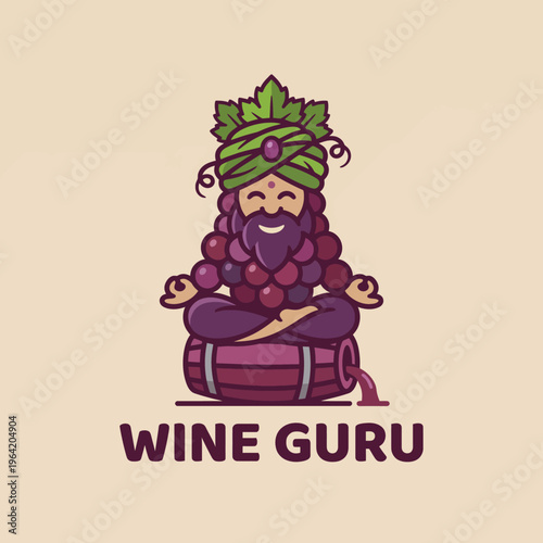 This charming image depicts a whimsical wine guru surrounded by grapes, perfectly capturing the essence of wine culture and mastery in a playful artistic style.