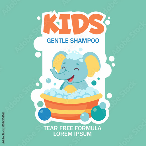 A playful bottle design for kids' shampoo features an adorable elephant in a bubble bath, promising a gentle and enjoyable bath time experience that is tear-free and fun.