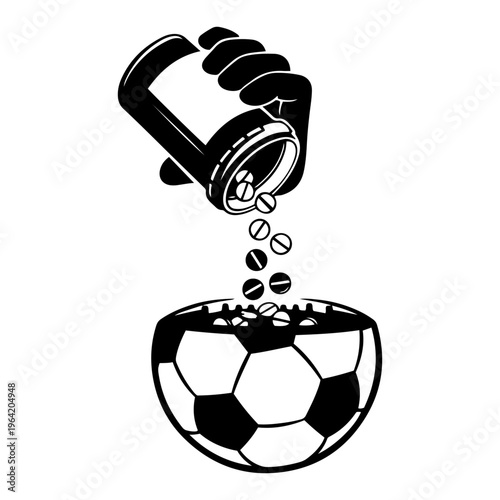 Soccer ball bowl with hand pouring pills from medical bottle for sports addiction concept
