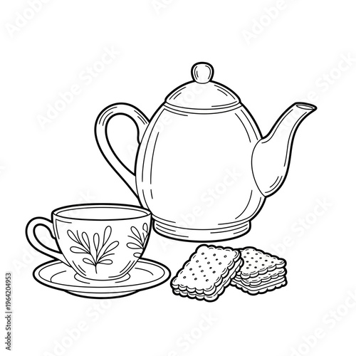 A black and white line drawing of a teapot teacup and biscuits