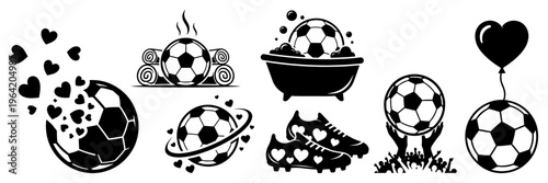 Soccer ball conceptual icons set with hearts spa bath planet and sports equipment