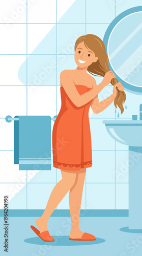 A joyful woman in a bathroom setting is seen preparing her hair while looking in the mirror, capturing a moment of self-care and beauty in a warm, inviting atmosphere.