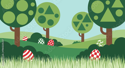 stylized cartoon easter eggs hidden in green rolling hills with abstract trees, spring landscape