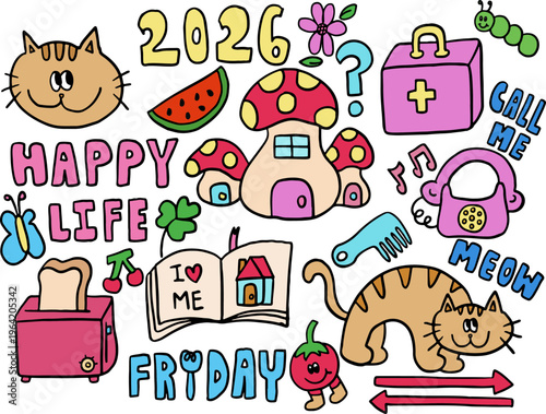 Hand drawn vector illustrations of cat, watermelon slice, mushroom homes, flower, comb, book, first aid box, green worm, pop-up bread toaster, cherry, butterfly, HAPPY LIFE letters, FRIDAY, tomato