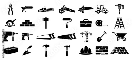 Construction tools and heavy equipment icons set in flat silhouette style