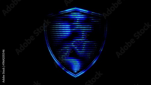 Cyber shield animation. Blue glowing digital shield made of light dots. Protection and Security.