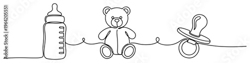 Baby bottle with teddy bear and pacifier in continuous line art style