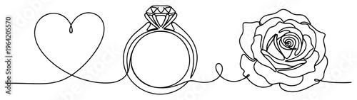 Heart with diamond ring and rose flower in continuous line art style