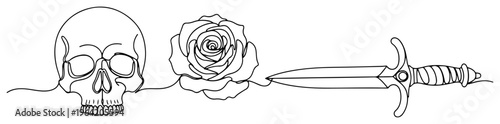 Skull rose and dagger symbols for life and death concept in continuous line art style