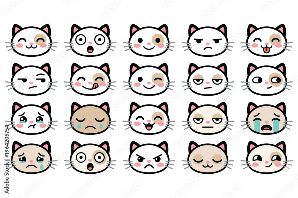 Obraz premium Cute cat face emoji vector collection set with various expressions happy and sad.
