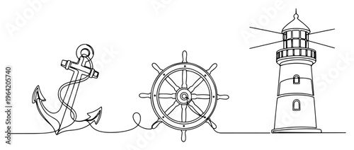 Nautical elements anchor steering wheel and lighthouse in continuous line art style