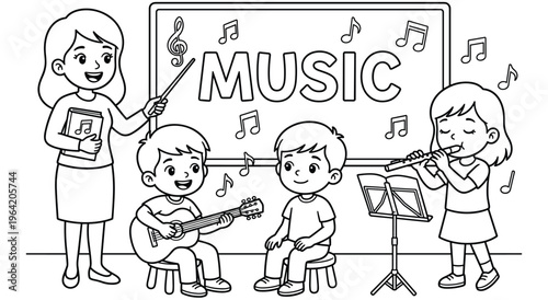 Teacher instructing students in music lesson. Kids playing guitar, sitting, and flute. Musical notes, blackboard, and music stand. Education and learning concept.