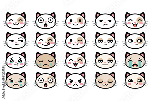 Cute cat face emoji vector collection set with various expressions happy and sad.