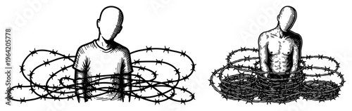 Man trapped inside dense coils of barbed wire in dramatic engraving style