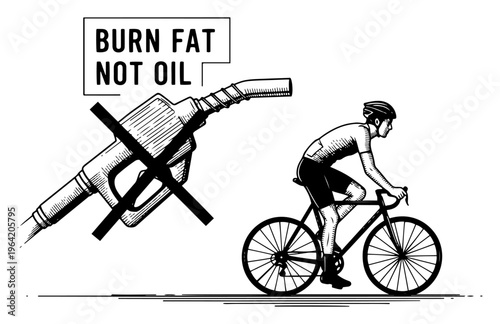Cyclist riding bike with crossed out fuel nozzle and environmental message in vintage engraving style