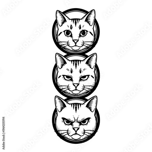 Cat faces showing different emotions in circular frames for badge design