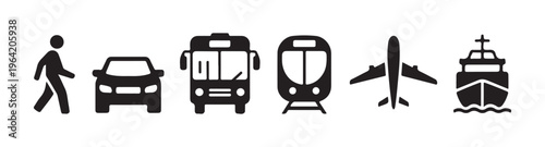 Transport icons set, people walking, car, bus, train, plane, ship, vector illustration.