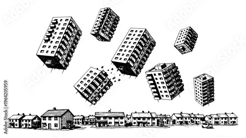 Floating apartment blocks above suburban houses for urban development concept in vintage engraving style