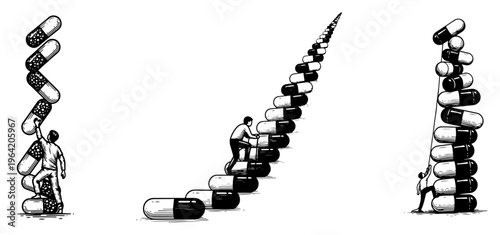 People climbing and stacking giant medical capsules for pharmaceutical concept in vintage engraving style