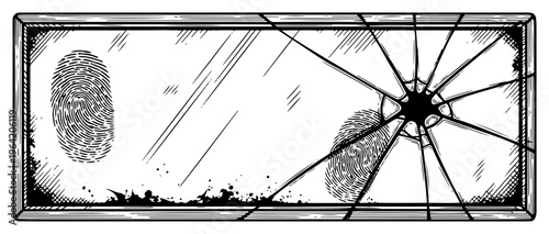Broken glass mirror frame with fingerprints and impact cracks in woodcut style