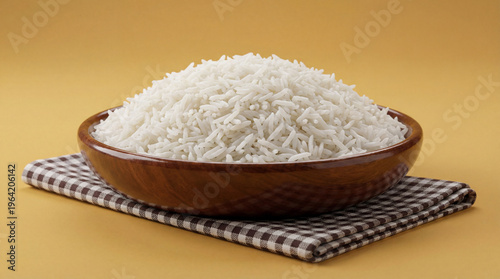 Quadro su tela Bowl of cooked white basmati rice on a checkered napkin against a solid brown ba