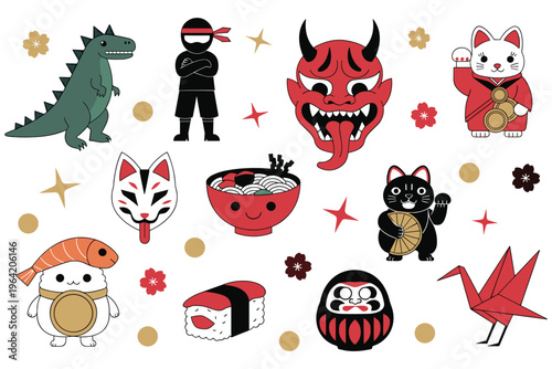 Japanese traditional icons and symbols featuring sushi and lucky cat.