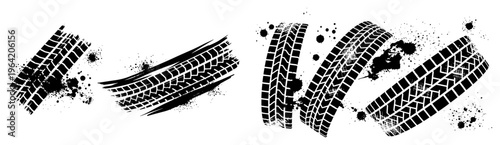 Tire tracks and tread patterns with ink splatters in grunge style