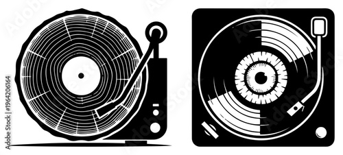 Vinyl record player and turntable with eye and wood grain details in minimalist style