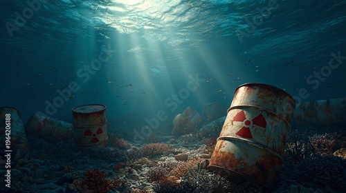 Pollution underwater ocean floor scene.