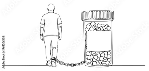 Man chained to medicine bottle showing pharmaceutical addiction in continuous line art style
