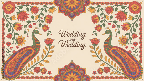 Indian paisley border with peacocks and floral motifs traditional decorative element for wedding invitations and cultural celebrations vintage ethnic design