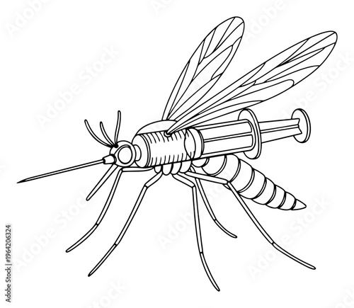 Mosquito with syringe body representing disease transmission in line art style