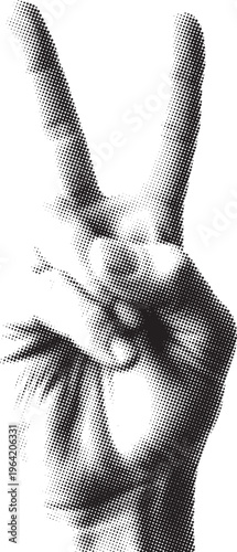 A halftone illustration of a hand making peace sign isolated on white background