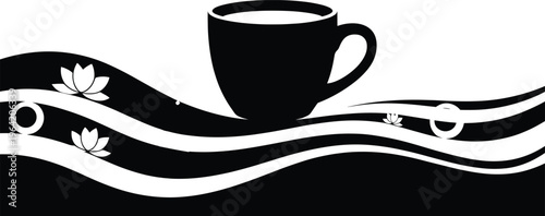 coffee cup, black and white, lotus flowers, wavy lines, yin yang, symbol, silhouette, tea cup, mug, floral, abstract, decorative, minimalistic, styli Black coffee cup with wavy lines and lotus flowers