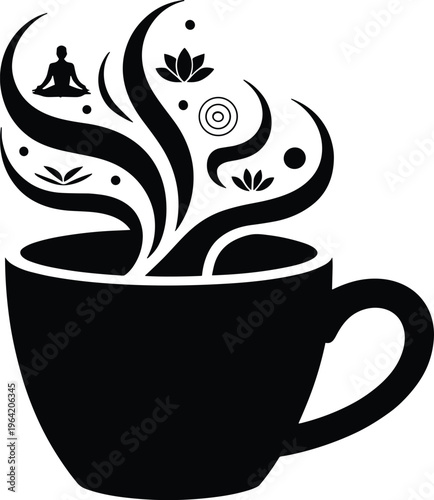 cup, tea, coffee, steaming, yoga, lotus, meditation, mindfulness, black, white, silhouette, steam, leaves, dots, swirls, handle, mug, beverage, Black silhouette steaming cup with yoga and lotus motifs