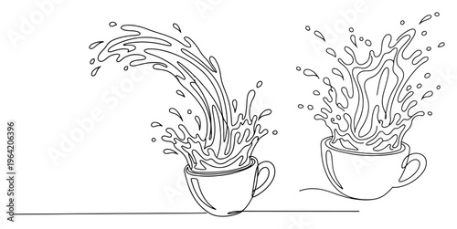 Two cups of coffee with dynamic liquid splashes in continuous line art style